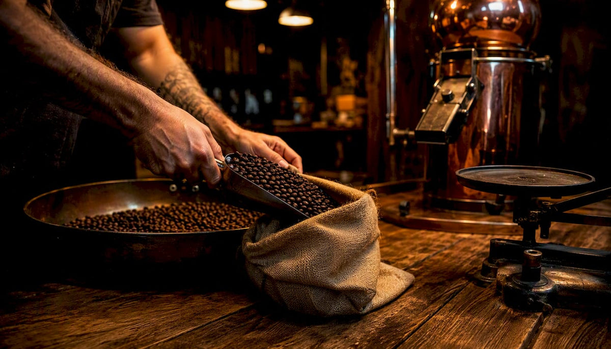 Hands scooping coffee beans into bag