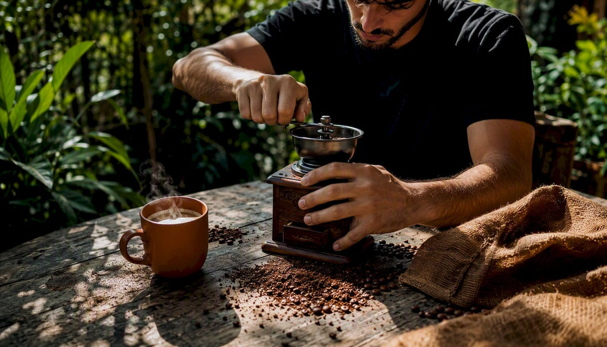 Hands grinding coffee beans coarsely