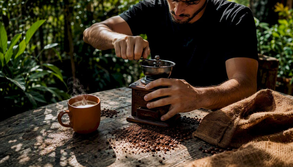 Hands grinding coffee beans coarsely