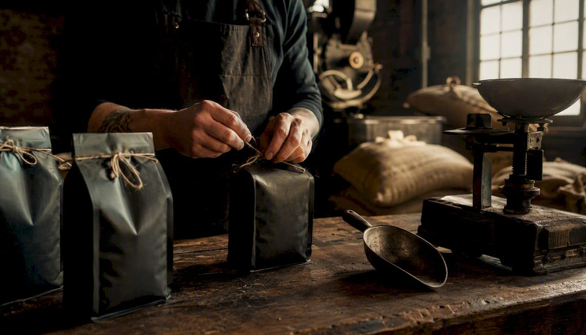 Hands sealing roast-to-order coffee bags