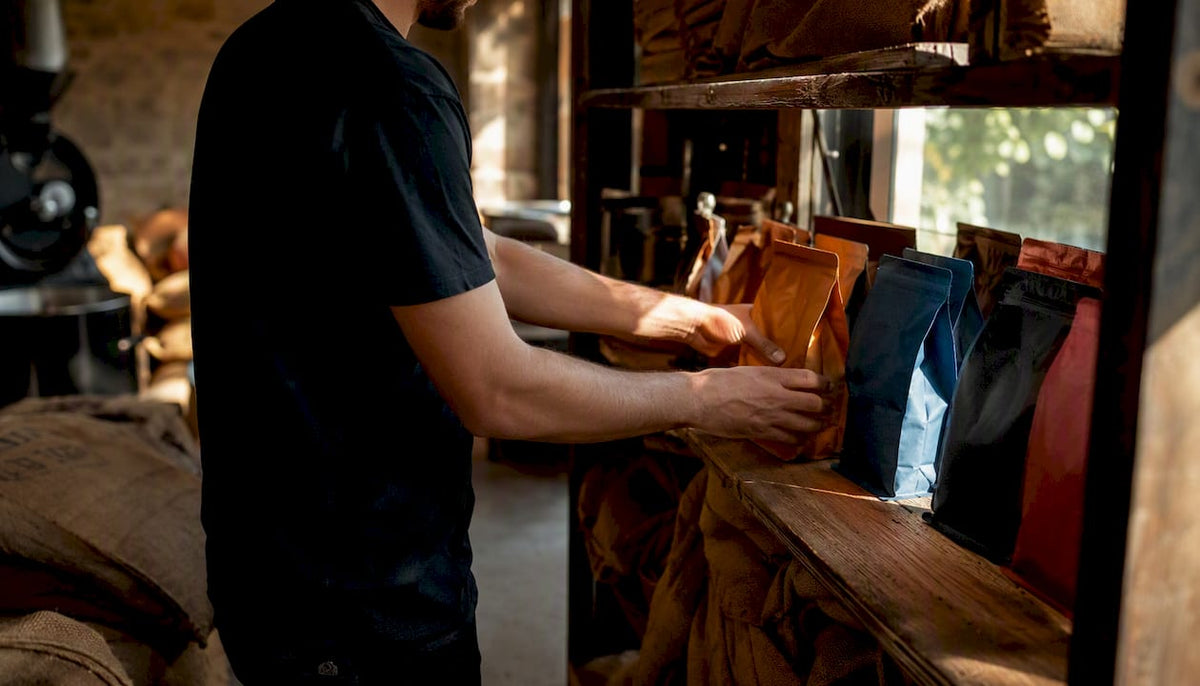 Hands applying custom coffee labels