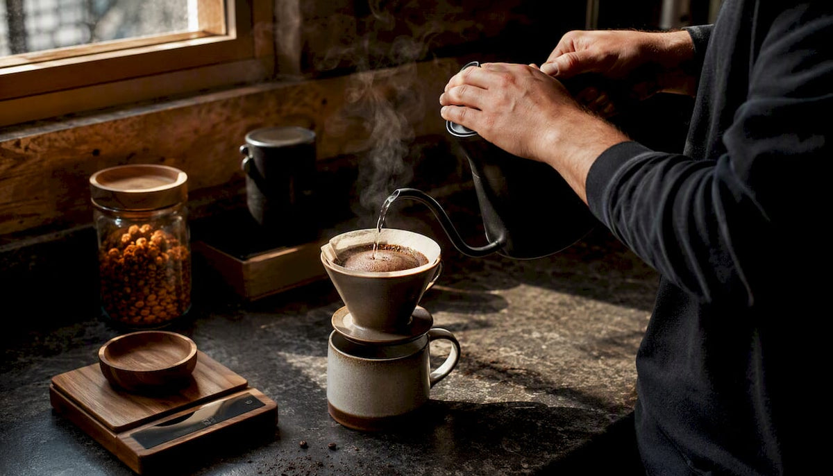 Hands pouring hot water over coffee grounds
