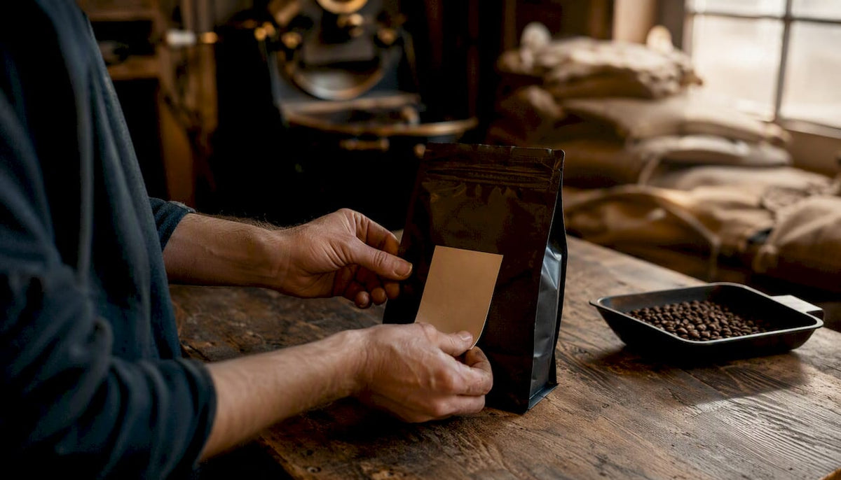 Hands labeling coffee bags in roastery