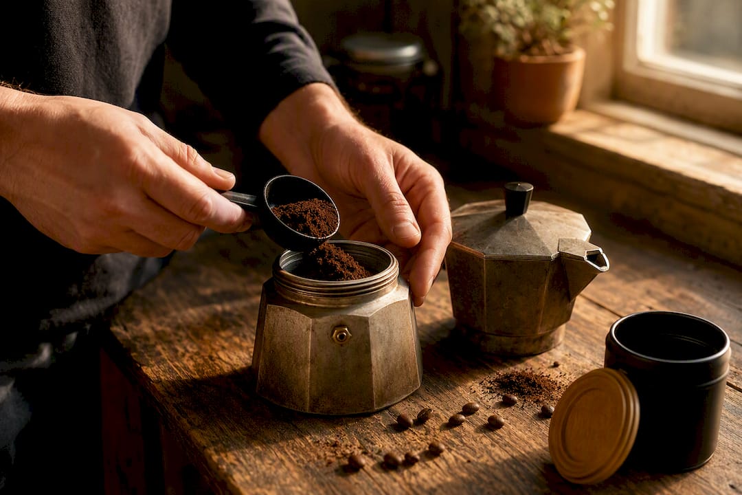 Hands pouring water into moka pot base