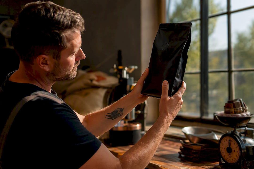 Roaster examining coffee bag label closely