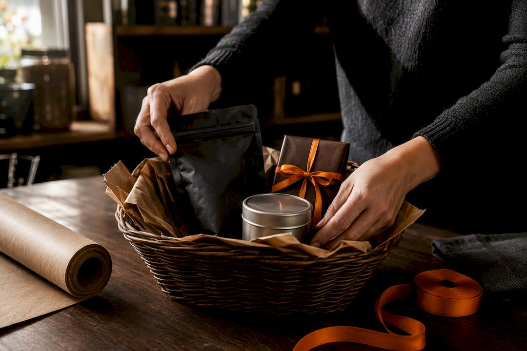 Coffee gift basket with chocolate treats