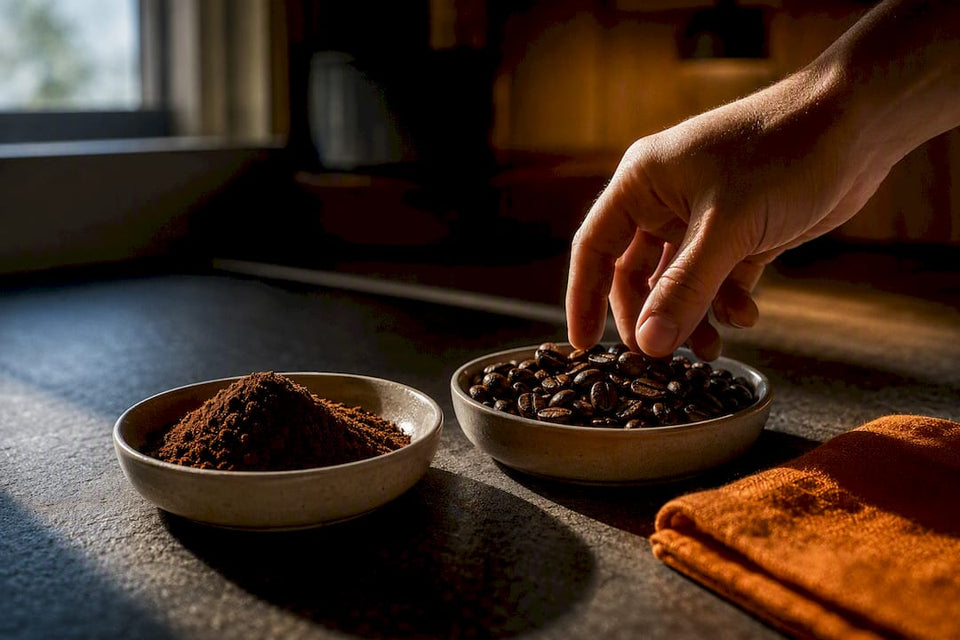 Whole beans beside freshly ground coffee