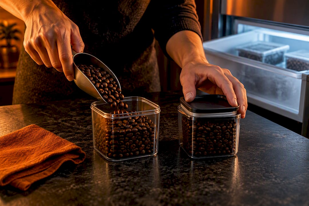 Hands sealing portioned coffee beans for freezing