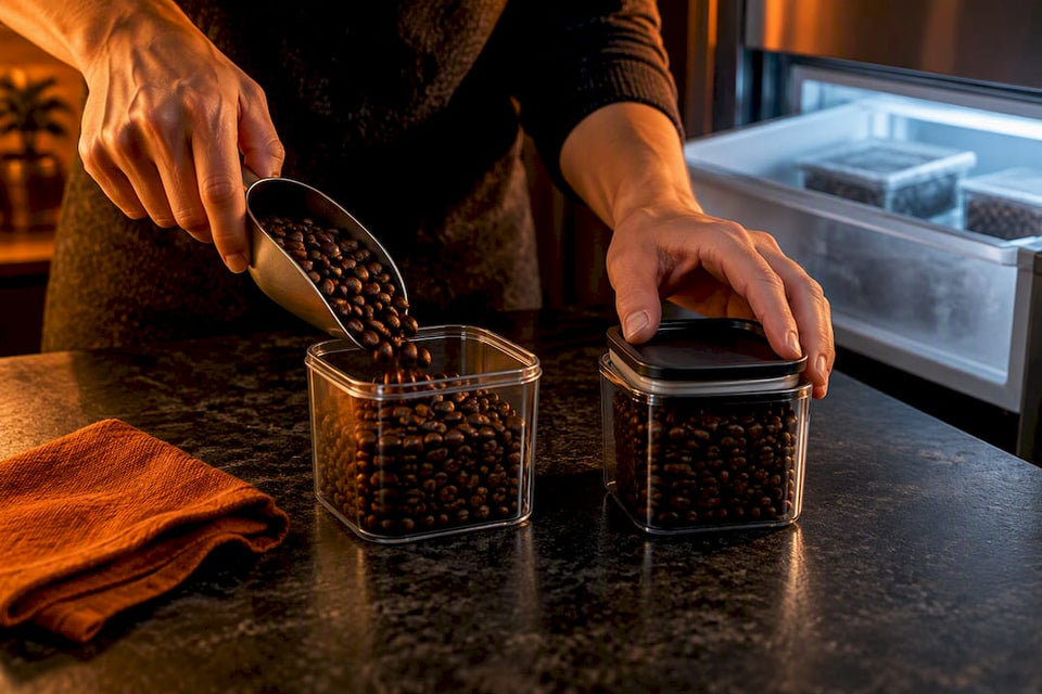 Hands sealing portioned coffee beans for freezing