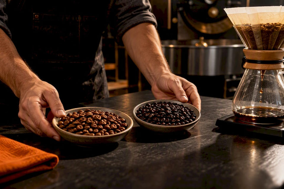 Medium and dark roasted coffee beans beside brewer