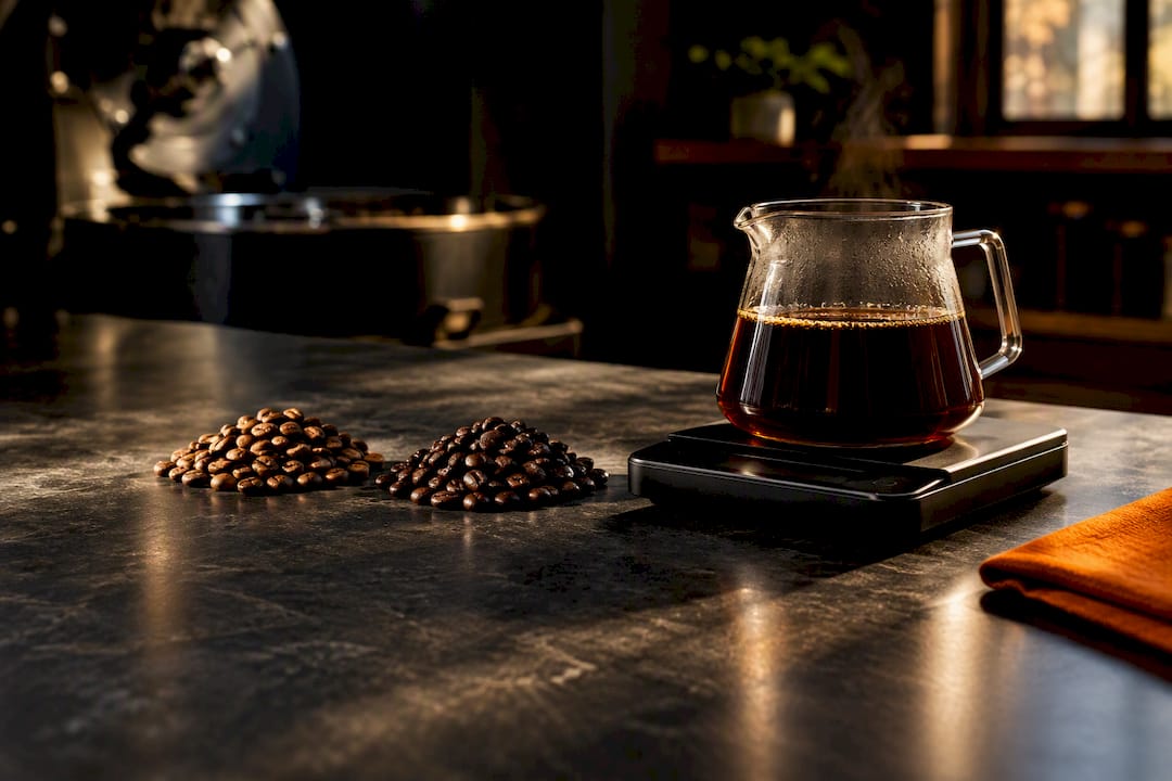 Light and dark roasted coffee beside brewing scale