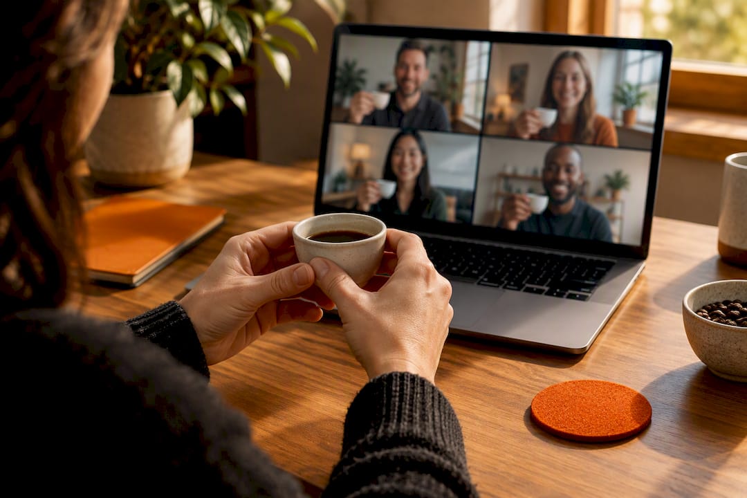 Remote team conducting virtual coffee tasting