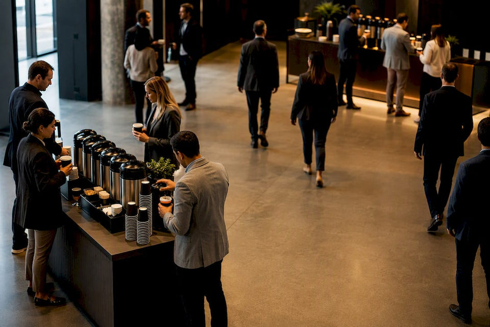 Attendees moving through conference coffee stations