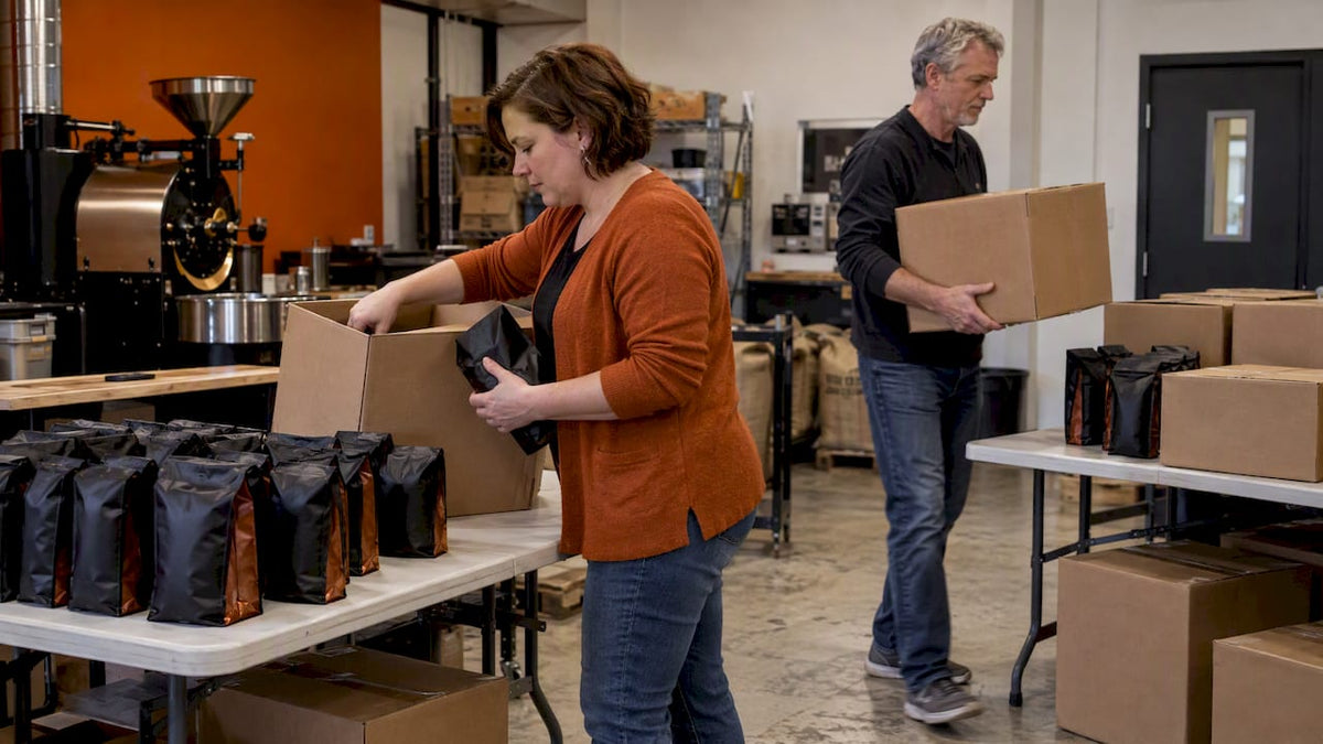 PTO volunteers sorting coffee fundraiser orders