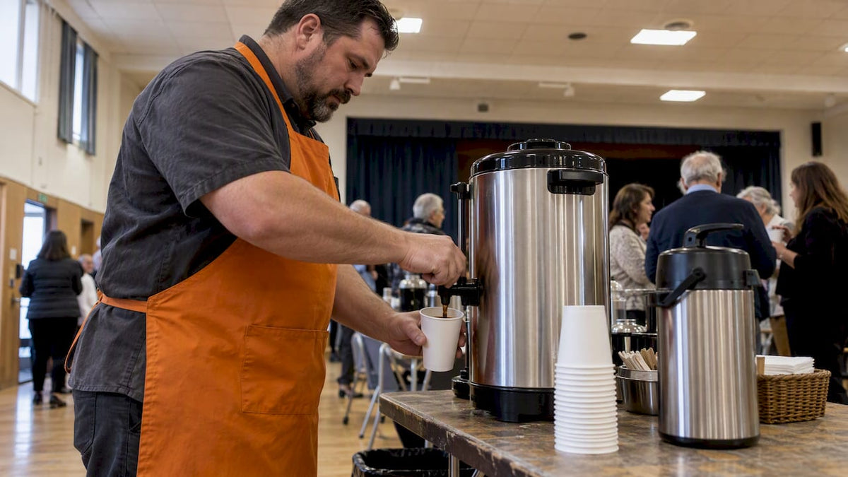 Commercial coffee urn serving a crowd