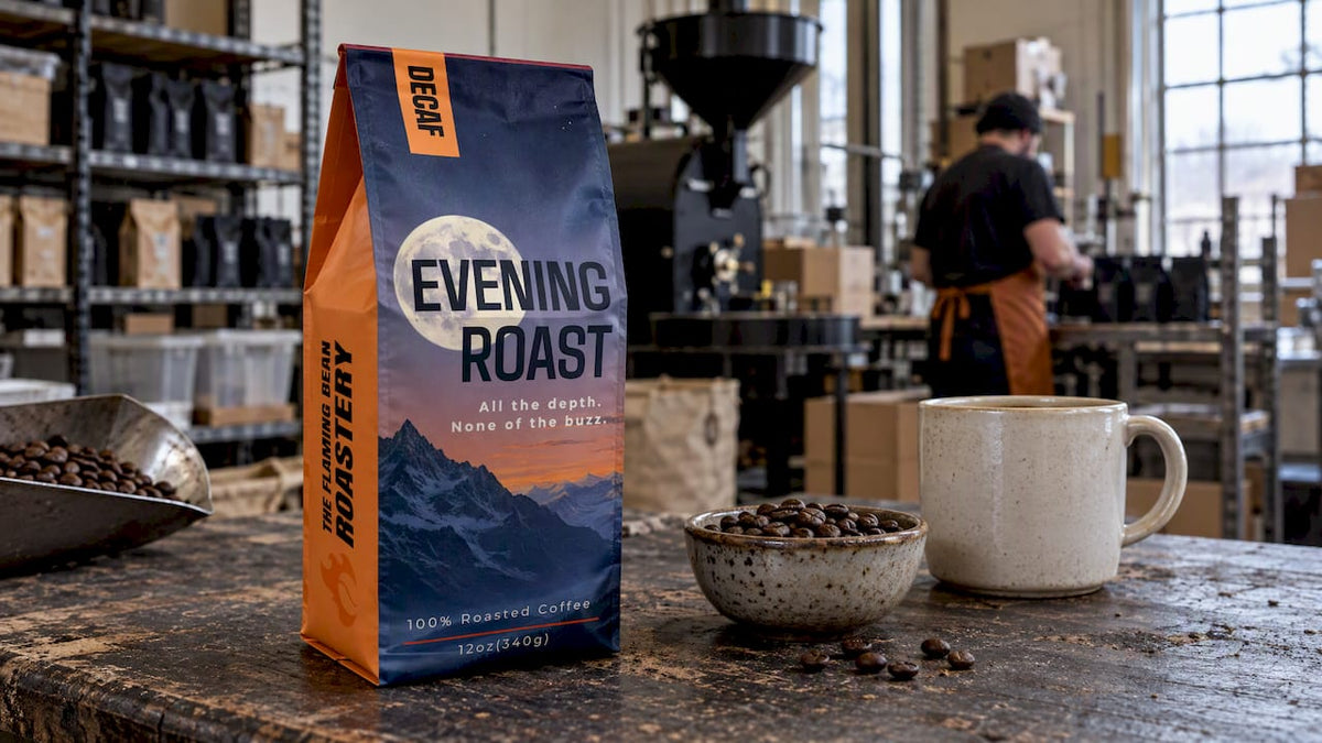 Evening Roast coffee package on roastery workbench