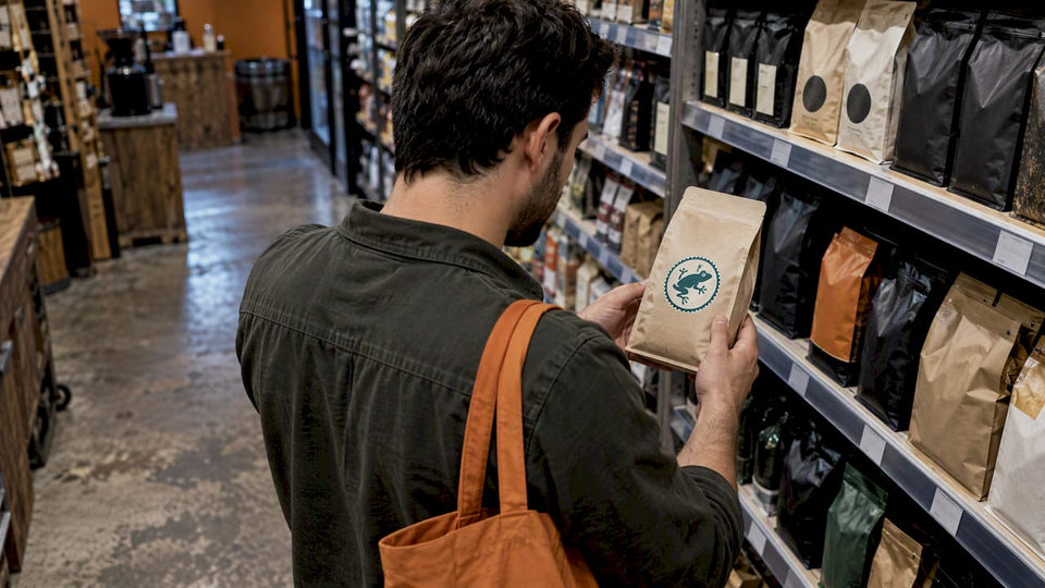 Shopper examining Rainforest Alliance coffee seal