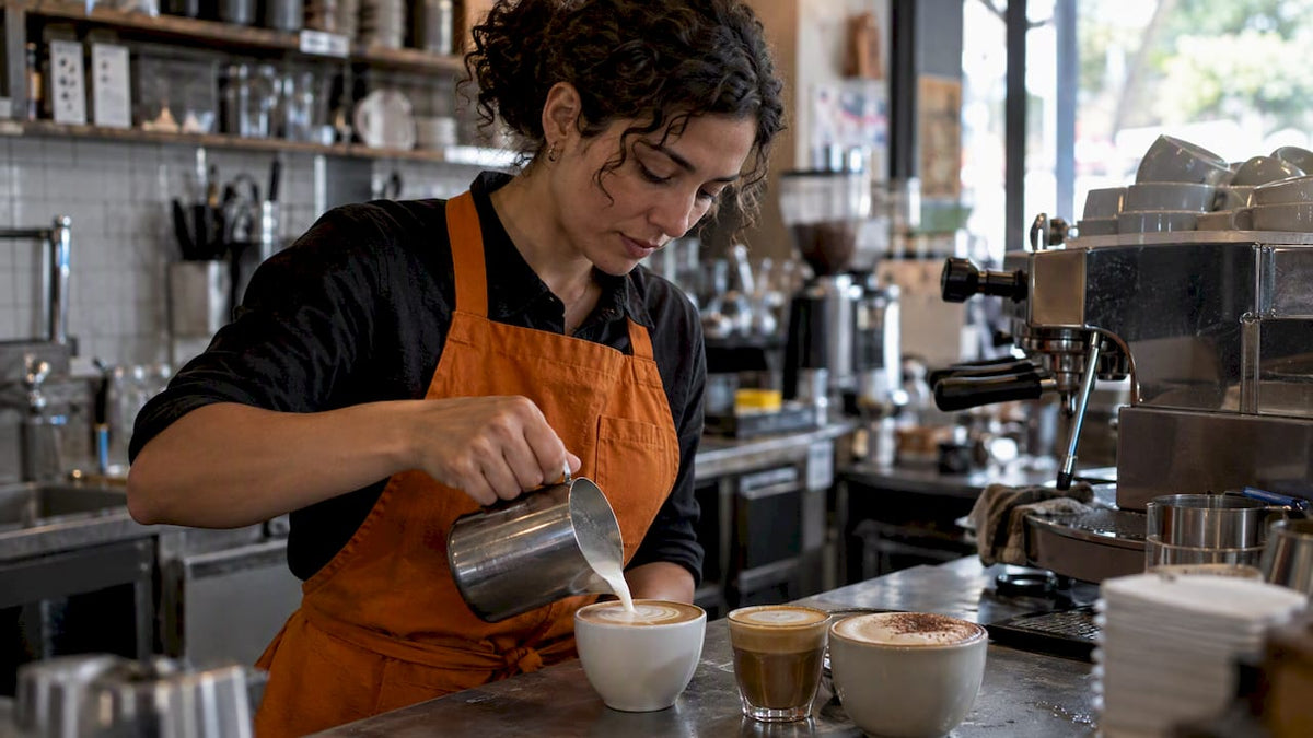 Barista finishing a flat white at the café bar