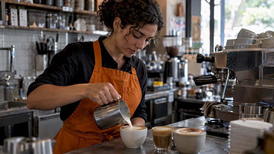 Barista finishing a flat white at the café bar