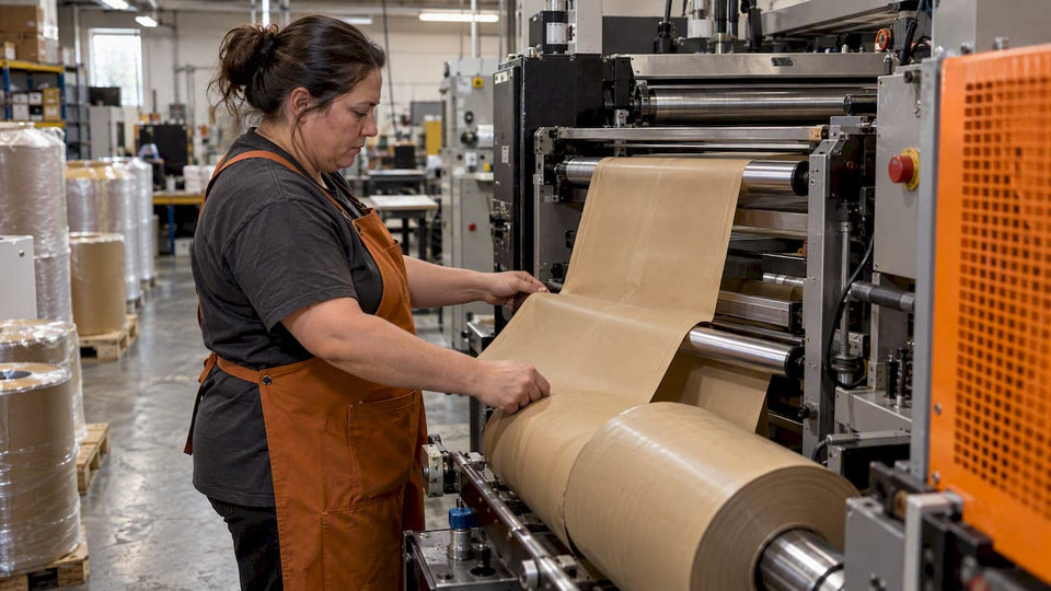 Coffee pouch film moving through a packaging press
