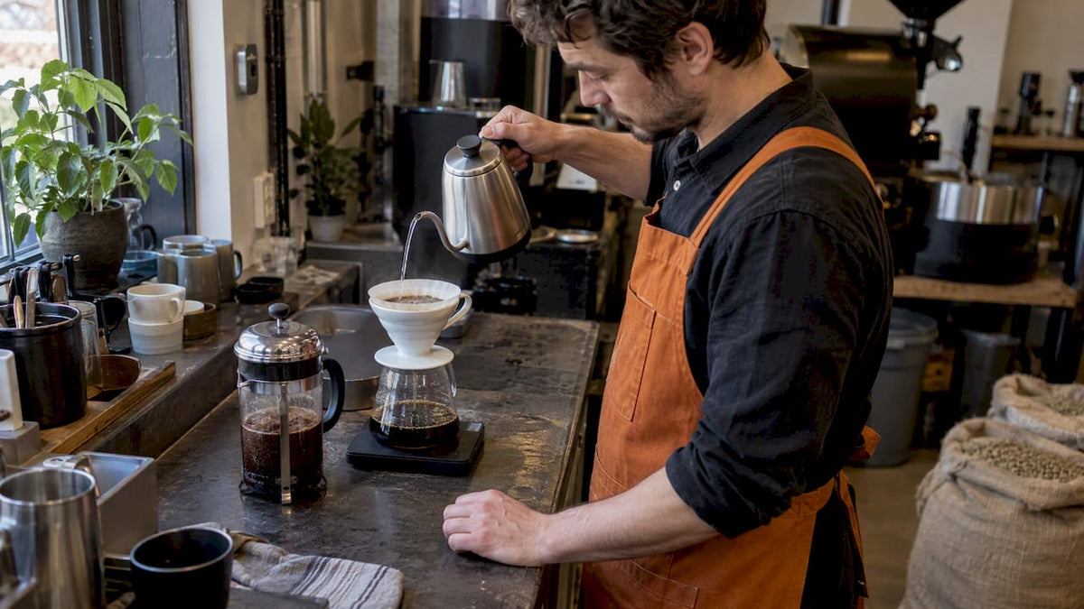 French press and pour-over brewing side by side