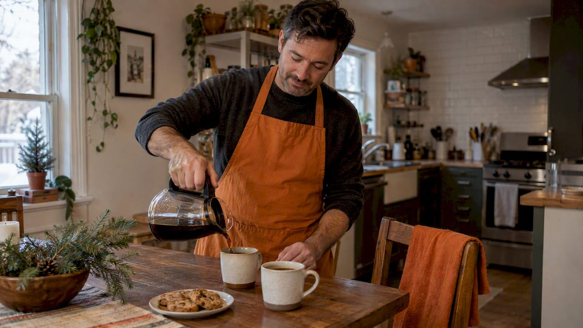 Host pouring coffee at a holiday breakfast