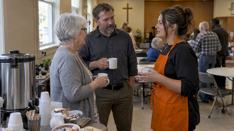 Church members talking over coffee after a service