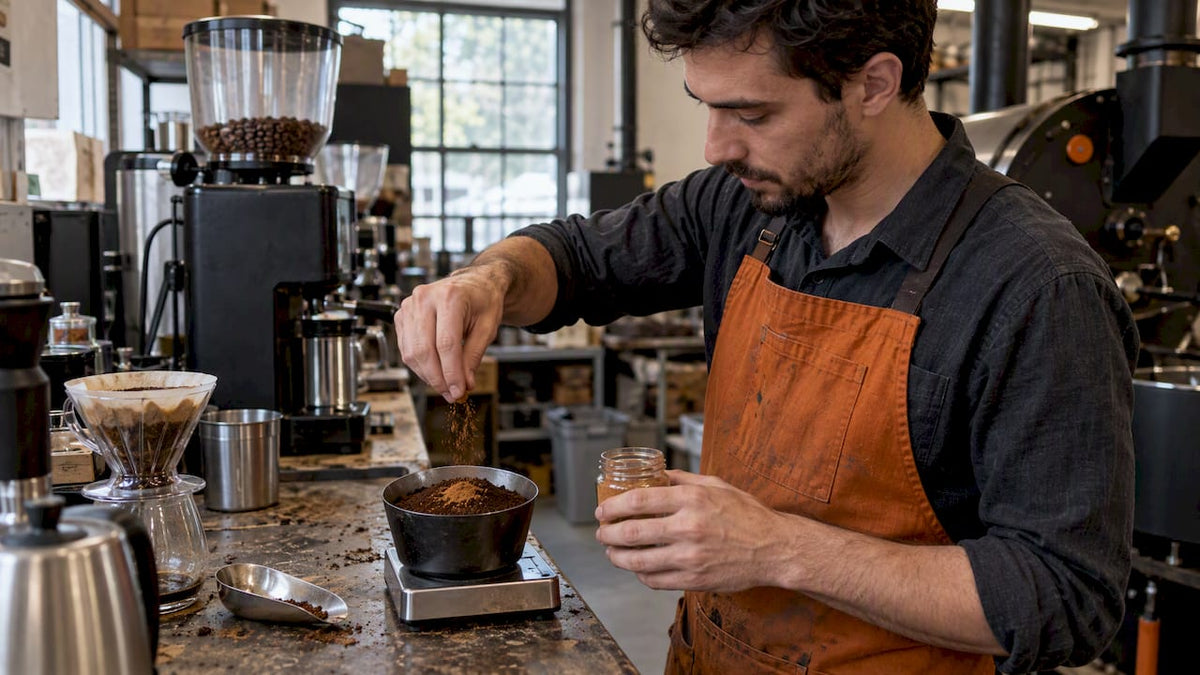 Roaster adding cinnamon to coffee grounds